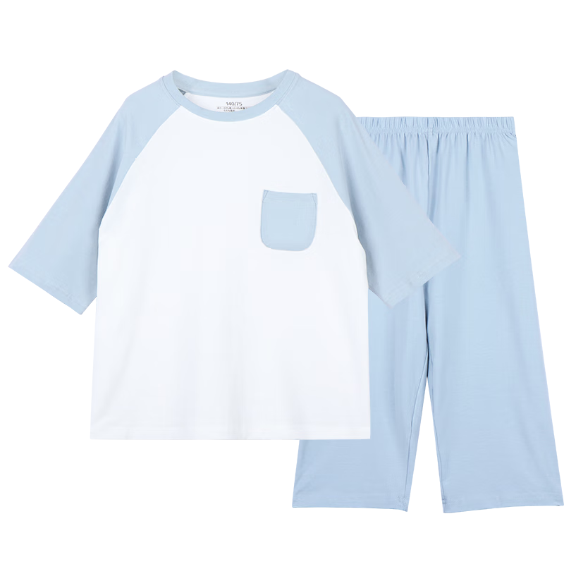 Hodo Children's Pajamas, Cotton Summer Thin Style, Boys And Girls Home Wear, Short-Sleeve T-Shirt, Cool-Feeling Sweat-Wicking Set, 3255 Misty Blue, Size 130
