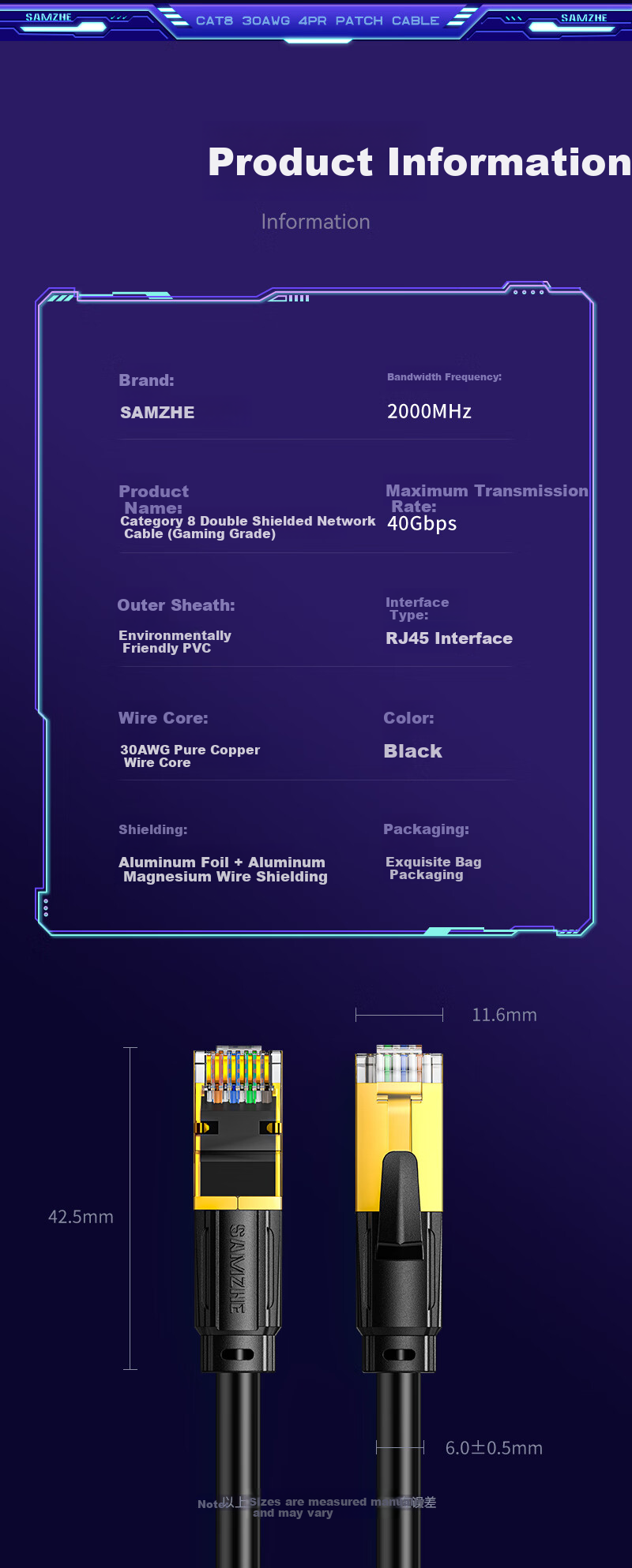 SAMZHE Cat8 Pure Copper Ethernet Cable, 10 Gigabit Shielded Network Connection Cable, Gaming E-Sports 8-Core Twisted Pair, Home Computer Patch Cable Compatible with Gigabit, 2 Meters WX8020 10