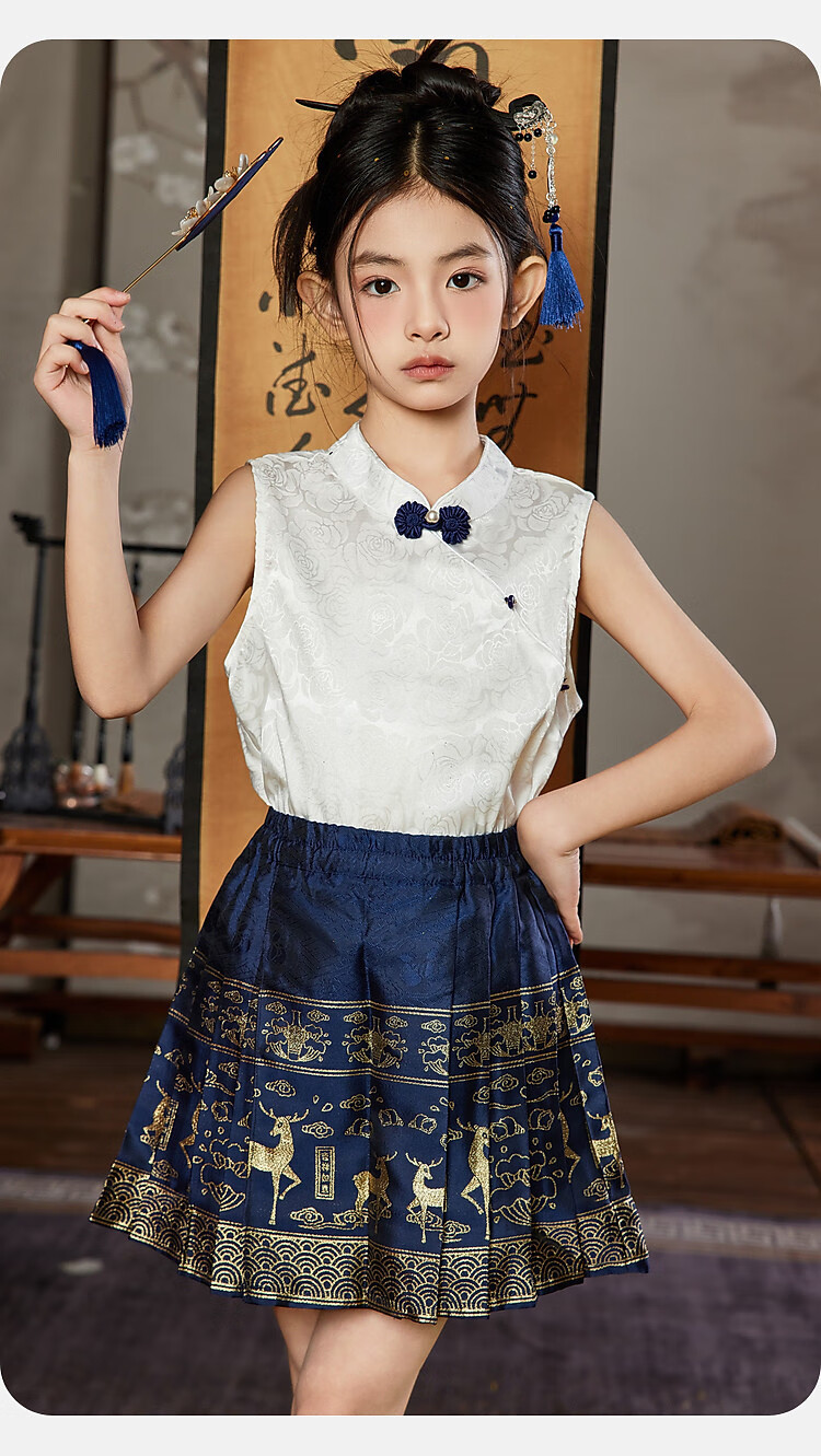ASK JUNIOR Girls' Summer Outfit Set for Older Children, Sleeveless T-Shirt, Chinese-Style Horse-Face Skirt, Preppy Style Sportswear Set 2