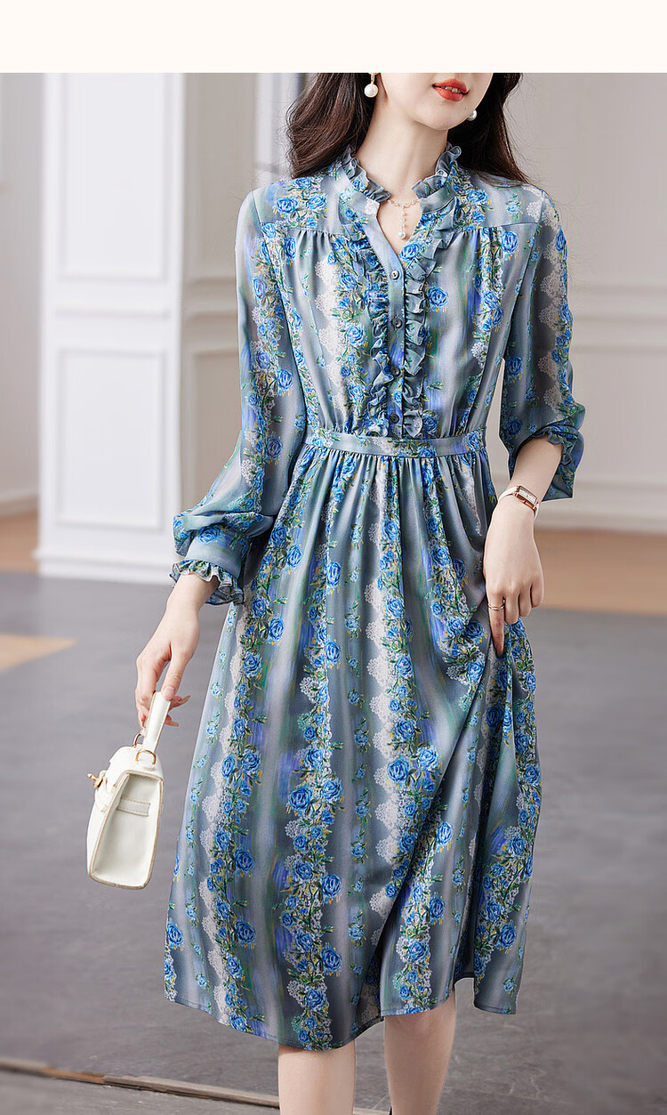 Dme [Huayao Crinkle Floral Print Dress], Spring And Autumn Stand-Collar Waist-Cinching Ruffle Trim Dress for Wome 12