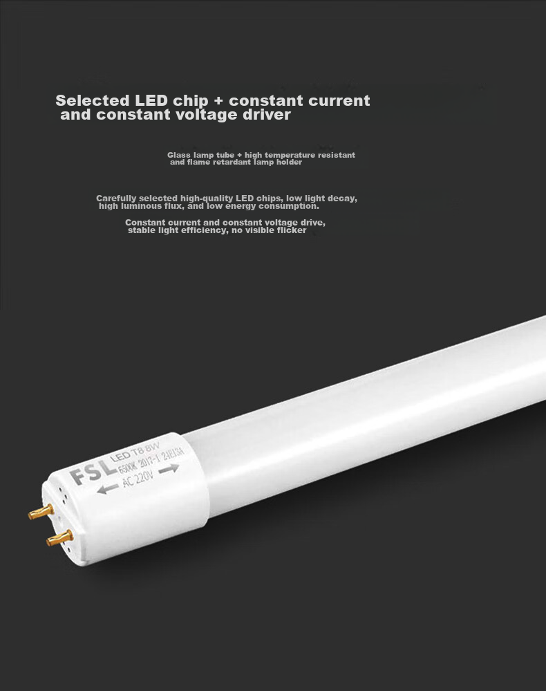 Foshan Lighting (FSL) T8 LED Tube, Double-Ended Power Supply, Energy-Saving Daylight Lamp, 1.2 Meters, 40W, Cool White (6500K), Pack of 5 5