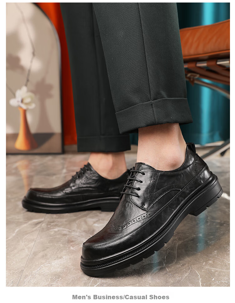 Poitulas Men's Low-Top Lace-Up Shoes with Hand-Grab Texture, Business Casual Shoes, British Brogue Wedding Shoes, 2996 Black, Size 39 13