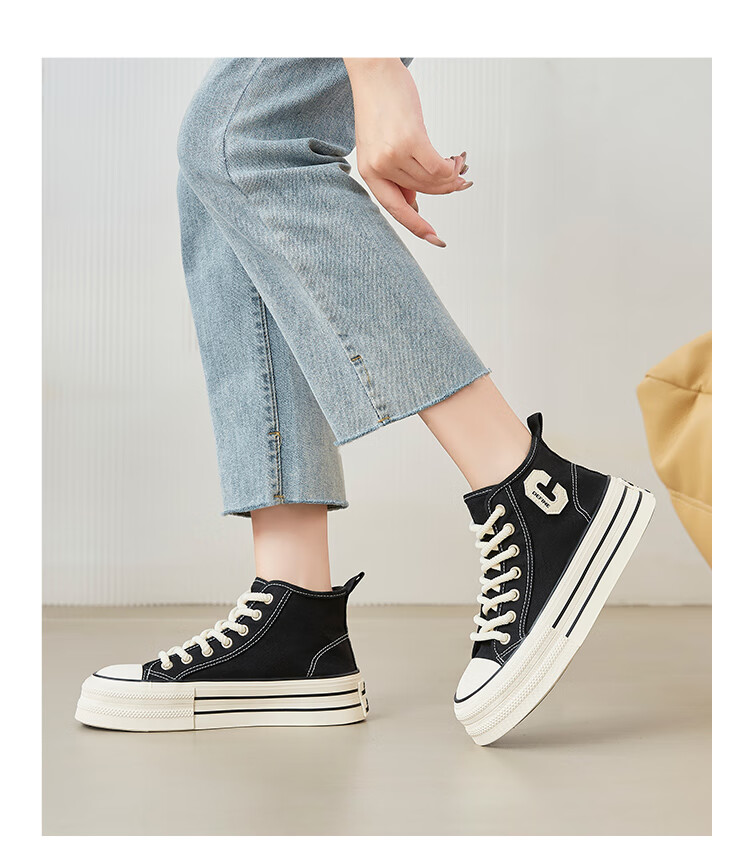 ZHR Canvas Shoes for Women, Classic Thick-Soled High-Top Casual Shoes, Lightweight Breathable Round-Toe Women's Shoes, CS32, Black, Size 37 3