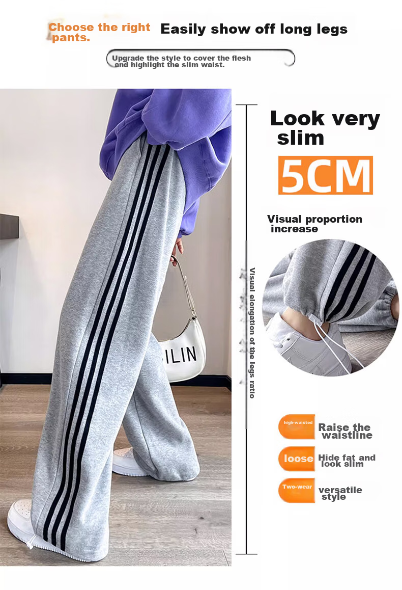 LangSha Women's Leggings with Two-Way Wear, Straight-Leg Three-Stripe Cotton Pants, Autumn Outer Wear, Sports Pants with Elastic Cuffs, Loose High-Waist Drawstring Sweatpants 3
