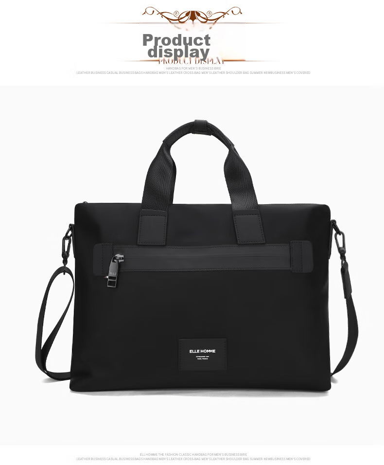 ELLE HOMME Business Men's Briefcase, Nylon Canvas Shoulder Crossbody Bag, Handheld Laptop Bag for Men, 06810 Black 15