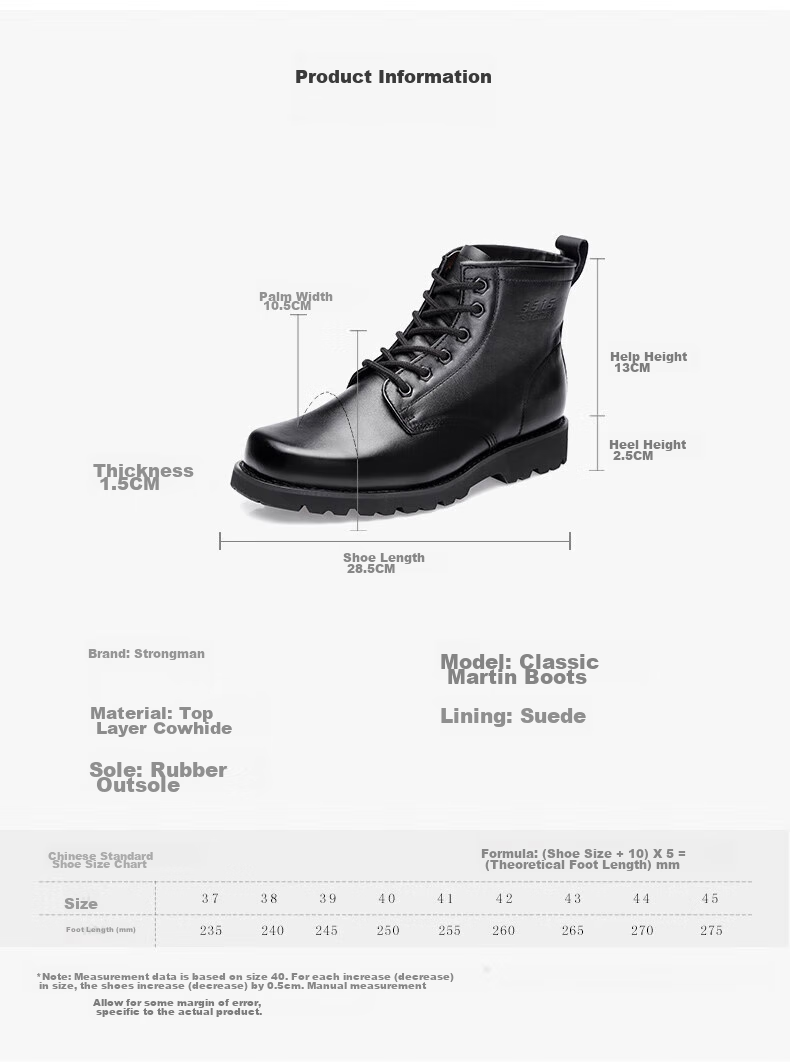Qiangren Men's Boots, 3515 Work Leather Shoes, Cowhide Wear-Resistant Outdoor Training Boots, Classic Martin Boots, Black, Size 40 5