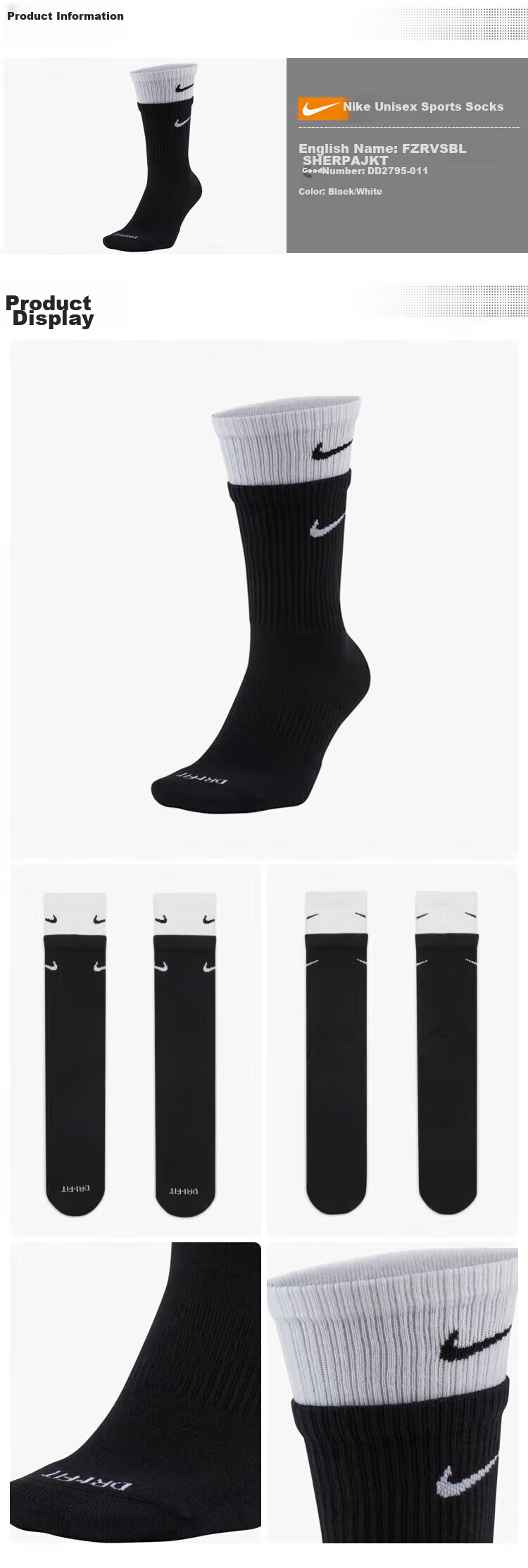 NIKE Sports Accessories Unisex Mid-Calf EVERYDAY Socks DD2795-104 White Black M 4