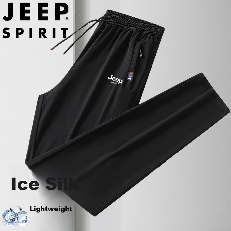 JEEP SPIRIT Casual Pants, Summer Ice Silk Pants, Breathable Quick-Dry Versatile Lightweight Casual Sports Pants, Black Straight Leg, 2XL