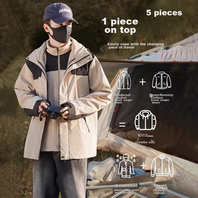 Huili Outdoor Jacket for Men And Women, Three-In Coat with Fleece Inner Layer, Windproof And Warm, Detachable Mountaineering Jacket for Me 5