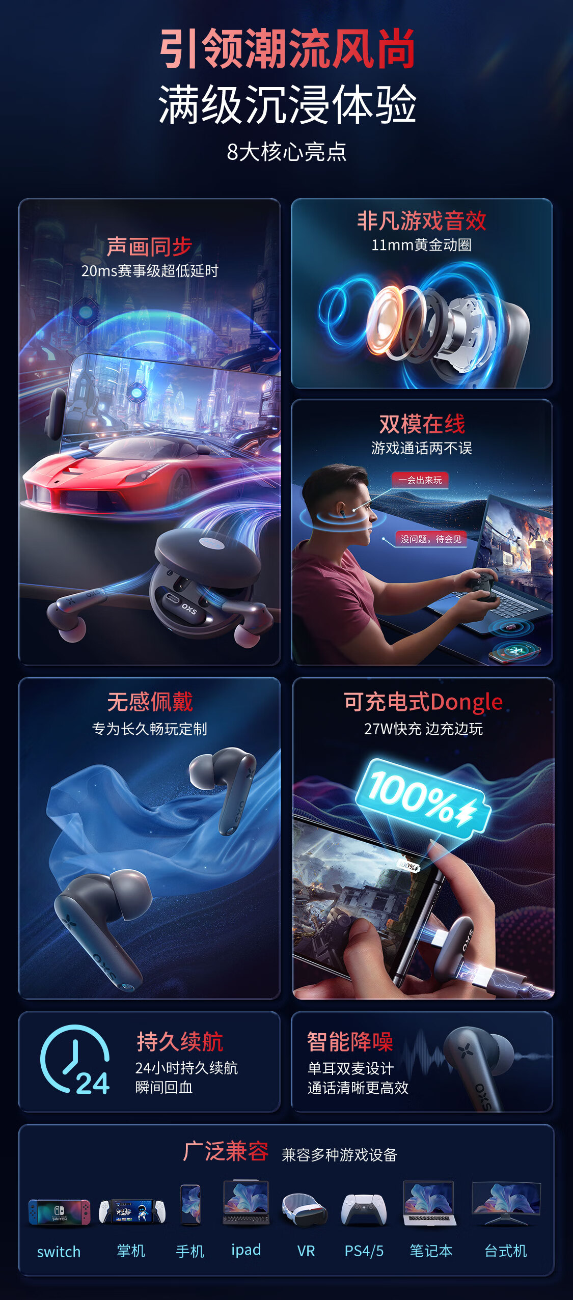 OXS Vega T1 Gaming Headset, TWS Wireless Bluetooth Low Latency In-Ear Long Battery Life Smart Noise Cancellation Sound Positioning PUBG Delta Triangle Boys Birthday Gift 2