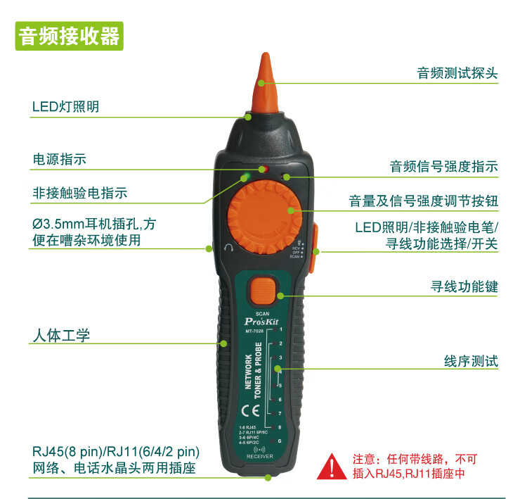 Pro'sKit MT-7028-C Audio Network Cable Tester Telephone Network Line Tracker Tester 4
