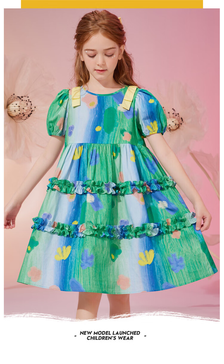 ASK JUNIOR Pure Cotton Girls' Dress, Summer Thin Style, Children's Tie-Dye All-Over Print Indian Princess Dress, Size 160 7