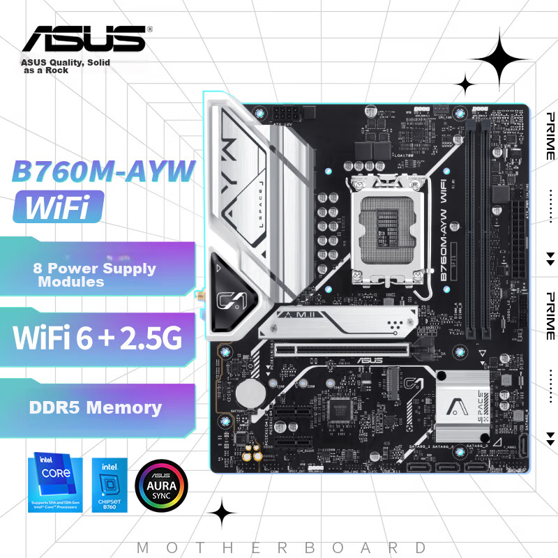 ASUS B760M-AYW WIFI Motherboard, Supports DDR5 CPU 14600KF/12600KF/12490F (Intel B760/LGA 1700)