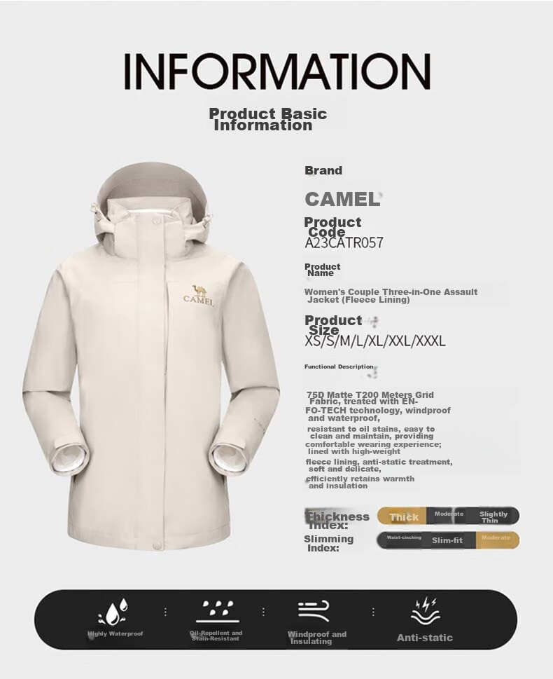 CAMEL Fleece-Lined Three-In Waterproof And Warm Mountaineering Jacket TR057, Wood Gray, Women's XXL 10