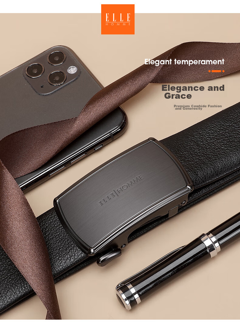 ELLE HOMME Men's Belt, Business Fashion Automatic Buckle Waistband, Top-Grain Leather Trouser Belt for Men, Birthday Gift for Boyfriend 2
