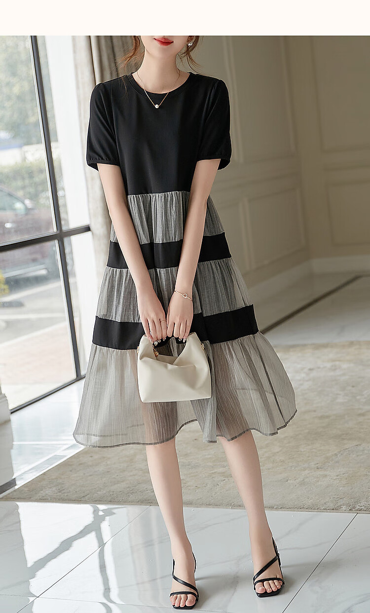 Dme [Sophisticated Sister Dress] Summer Commute Round Neck Roman Cotton Petite Umbrella Skirt Knitted Dress Women's Mid-Length 11