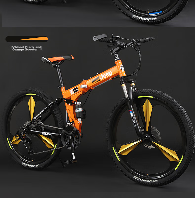Jeep Folding Mountain Bike, 27-Speed, Dual Shock Absorption, Disc Brakes, Off-Road Gears, Single-Speed Bicycle, Zhanshen Black And Red, Three-Gear Ratio 17