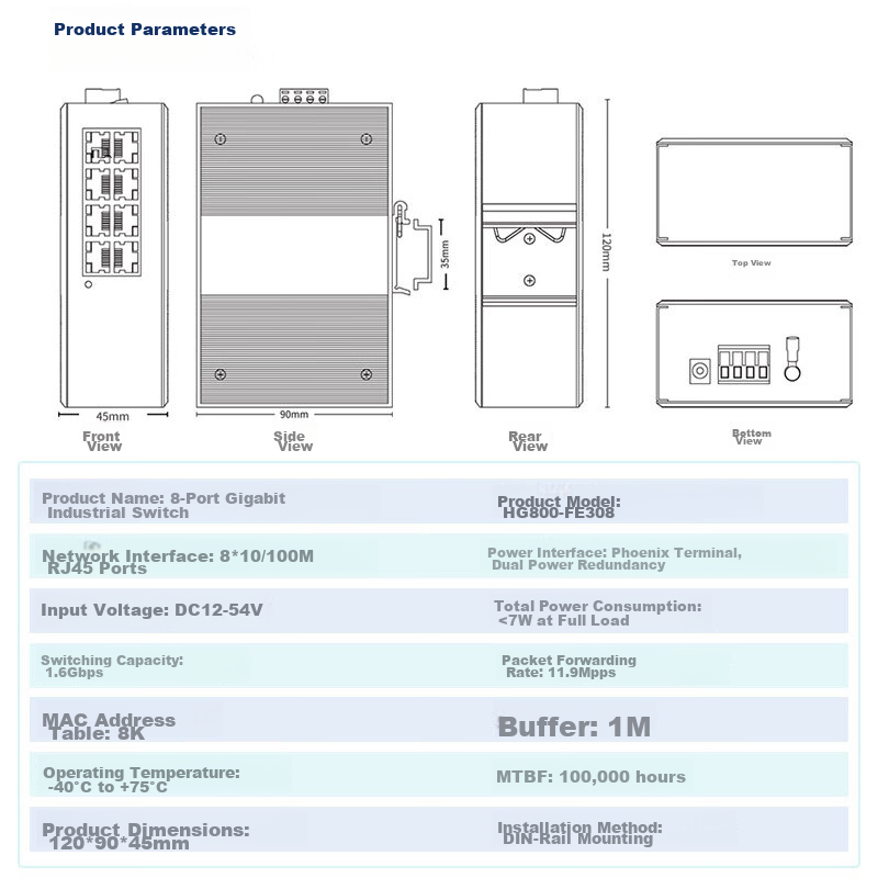 Huigu 100Mbps 8-Port Industrial Switch, Industrial-Grade Ethernet Switch for Monitoring Network, Splitter, Hub, DIN Rail-Mounted HG800-FE308