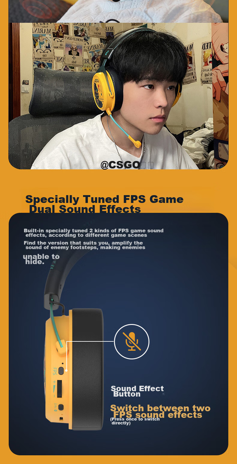 A4TECH Savage Tribe MR595 Wireless/Bluetooth/Wired Gaming Headset, Over-Ear Blood Hand Phantom, PUBG CS Lightweight Delta Valorant Game, Reverse Yellow 9