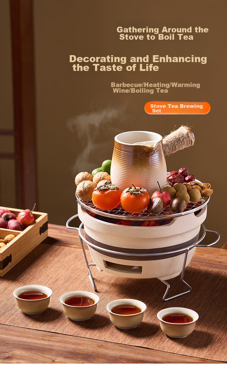 Suncojia Tea Brewing Set with Stove, Charcoal Barbecue Stove, Carbon Tea Pot, Ceramic Teacups, Mud Stove, Clay Stove, And Side Stove 1