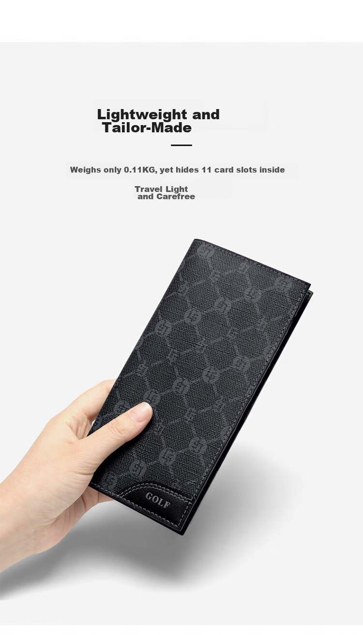 GOLF Men's Wallet, Multi-Card Slots, Long Wallet, Vintage Printed Design, 11 Card Slots, Casual Large Capacity Leather Wallet, Horizontal Style Billfold, Business Money Clip, 5V768385J, Black 10