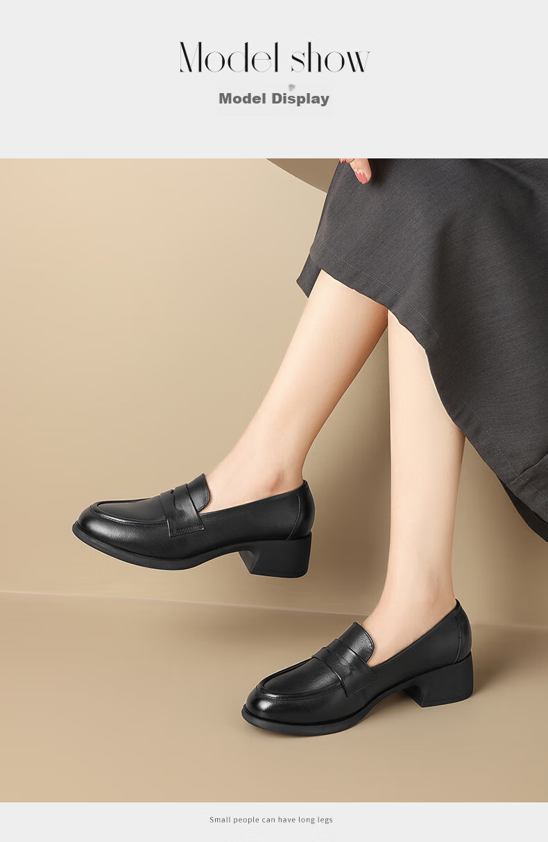 ZHR Top-Grain Leather Loafers for Women with Chunky Heel, Slip-On Soft-Soled Work Shoes for Women KM03 Black Size 37 11