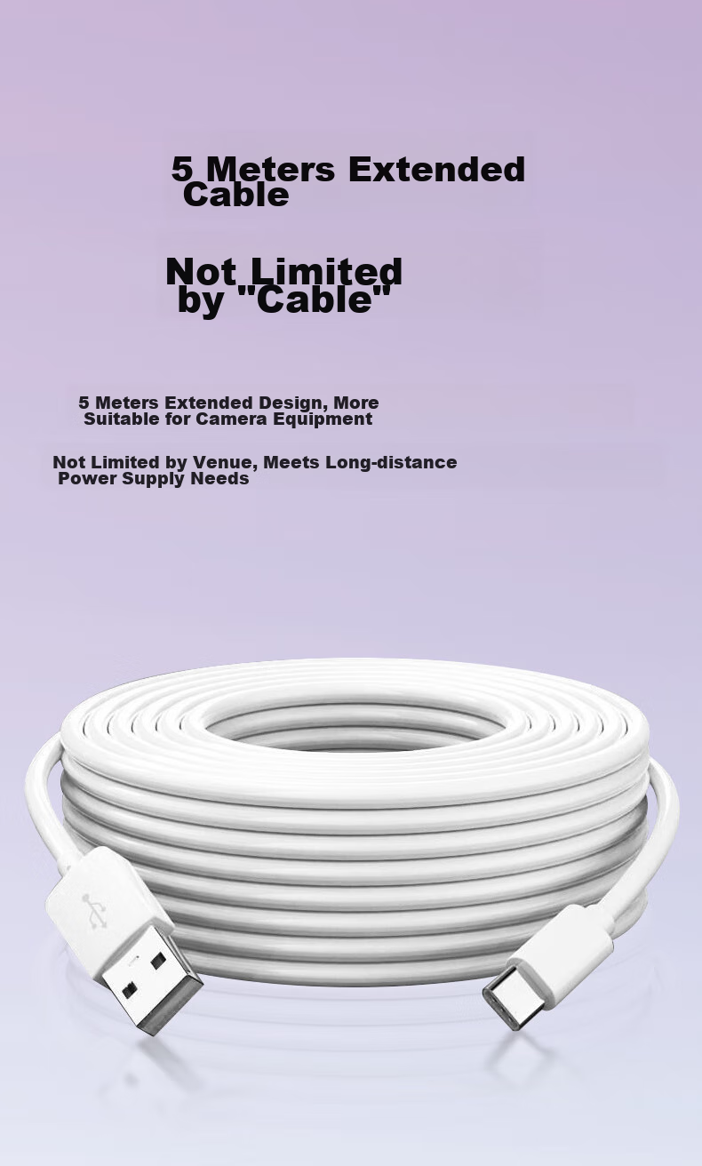 Masentek Power Extension Cable for Xiaomi 2 Cloud Version, Standard Outdoor Surveillance Camera Power Extension Cord, Extended USB to Type-C Charging Data Cable, Extra Long 5 Meters 6