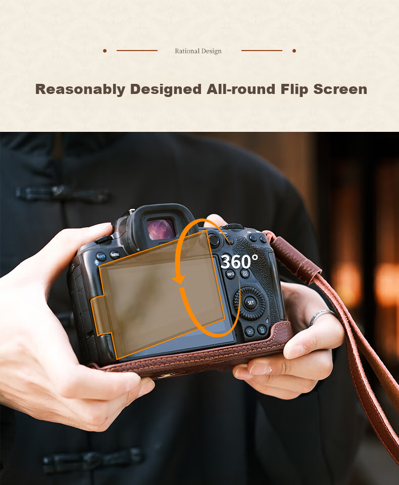 CWATCUN Genuine Leather Camera Base Compatible with EOS R5, R50, R6, R6II Second Generation Cameras, Close-Fitting Canon Protective Cover 7