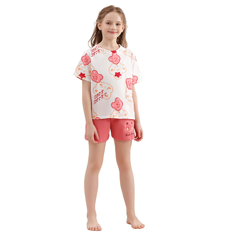 LangSha Children's Pajamas, Girls' Summer Thin Pure Cotton Sleepwear for Older Children And Teenage Girls, Short-Sleeve Home Wear Set, Pink Bear Design, Size 150