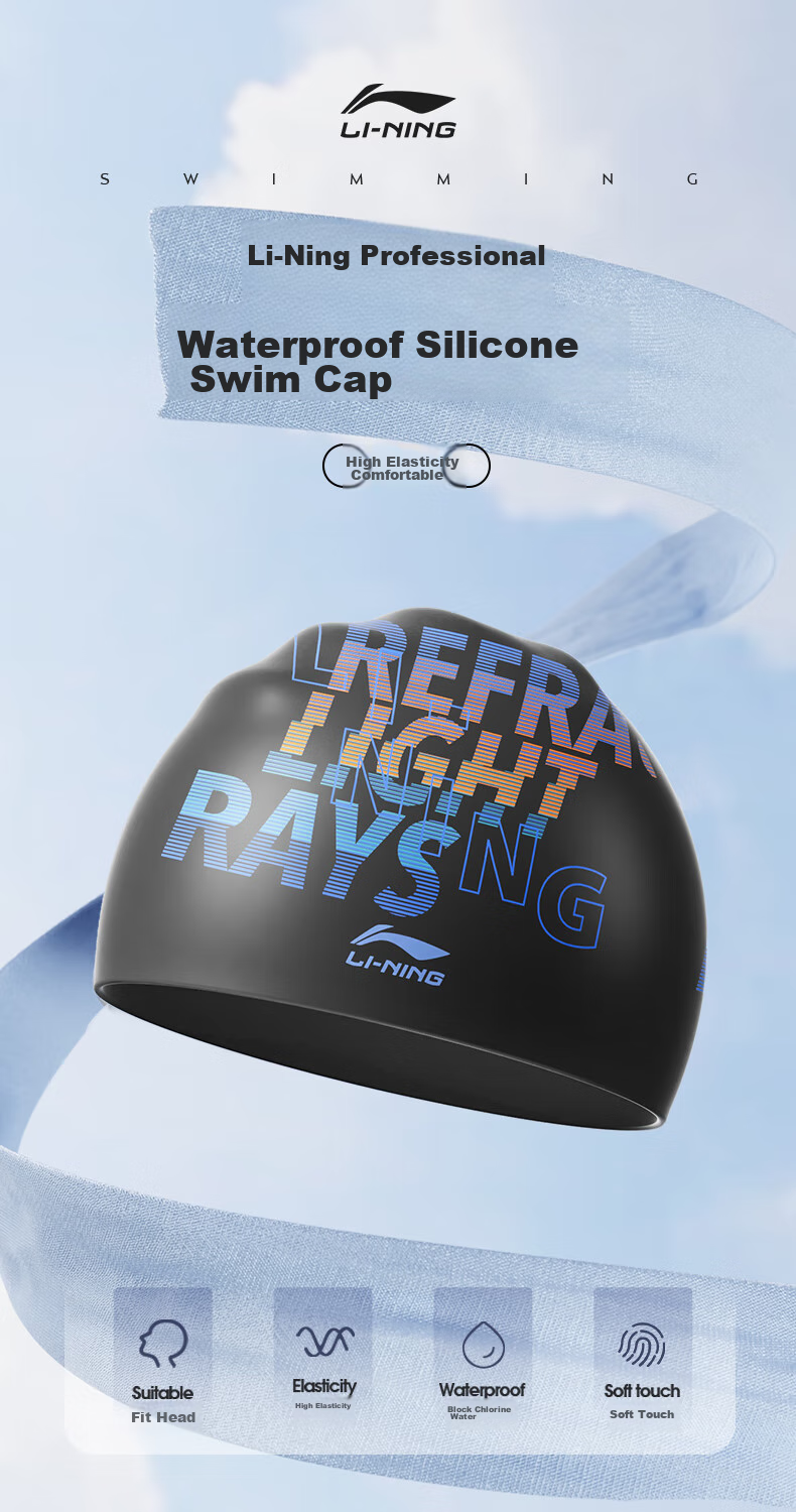 Li-Ning Swimming Cap, Long Hair Silicone Waterproof Swim Cap, Fashionable Printed Swim Cap for Men And Women, 5092 Black 1
