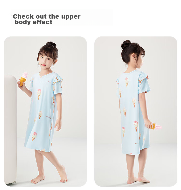 Hodohome Children's Summer Nightgown, Girls' 50S Modal Sleep Dress, Loose-Fitting Cool-Feeling Dress, Can Be Worn Outside, Size 350 140 14