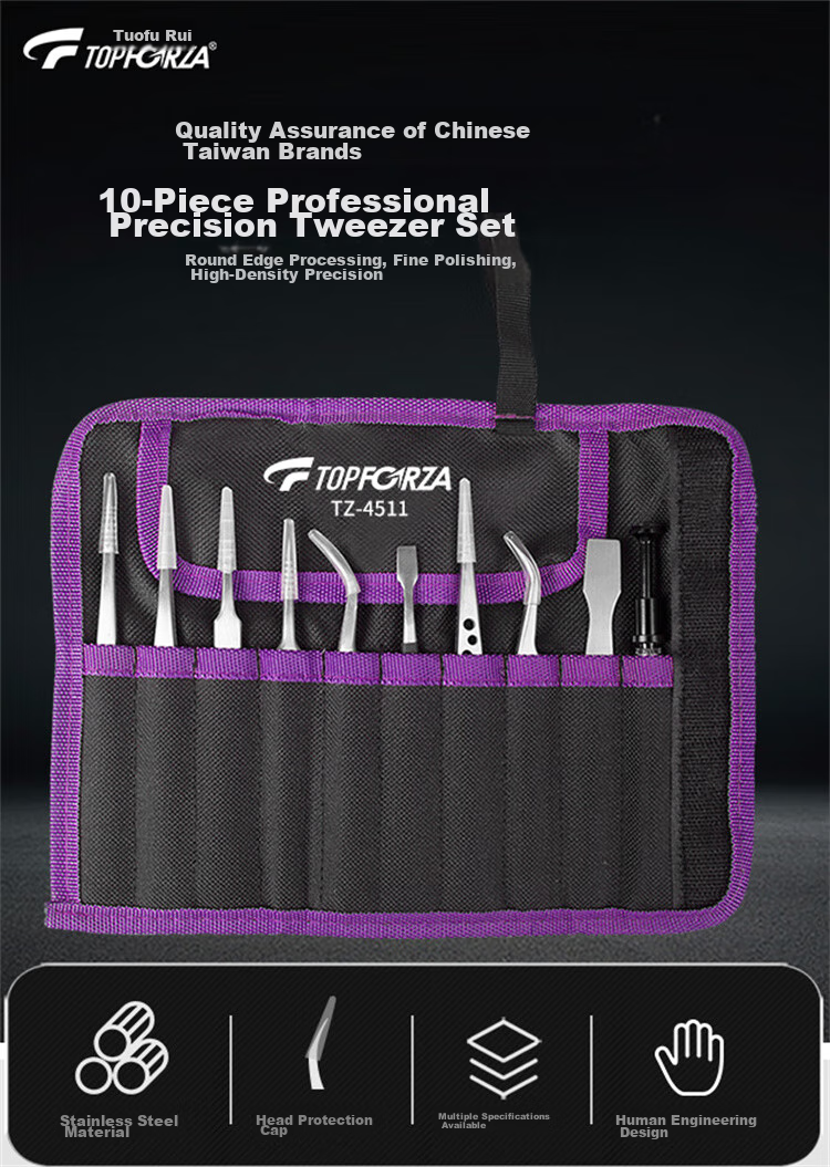 TOPFORZA TZ-4511, Pointed Tip, Bent Tip, Flat Tip, And Flat Head Professional Precision Tweezers Set, Pry Bar Tool Kit, 10-Piece Set 1