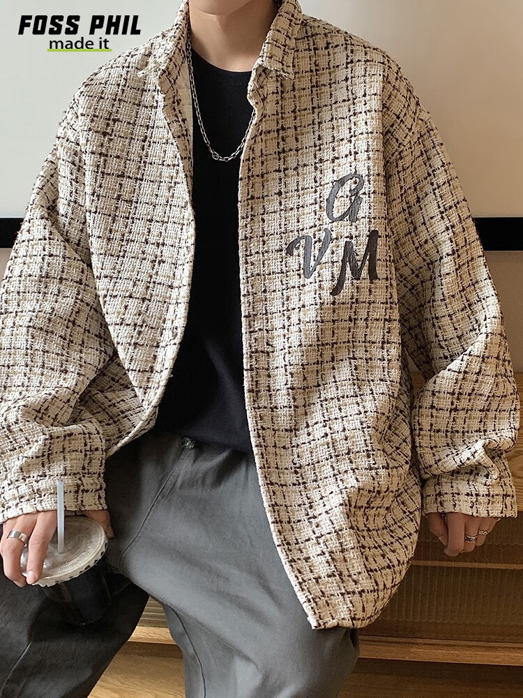 Foss Phil Men's Jacket, Spring And Autumn Fashion Brand Chanel-Style Coat, Plaid Lapel, Korean Version Loose Outerwear, FPJK10 Black M 18