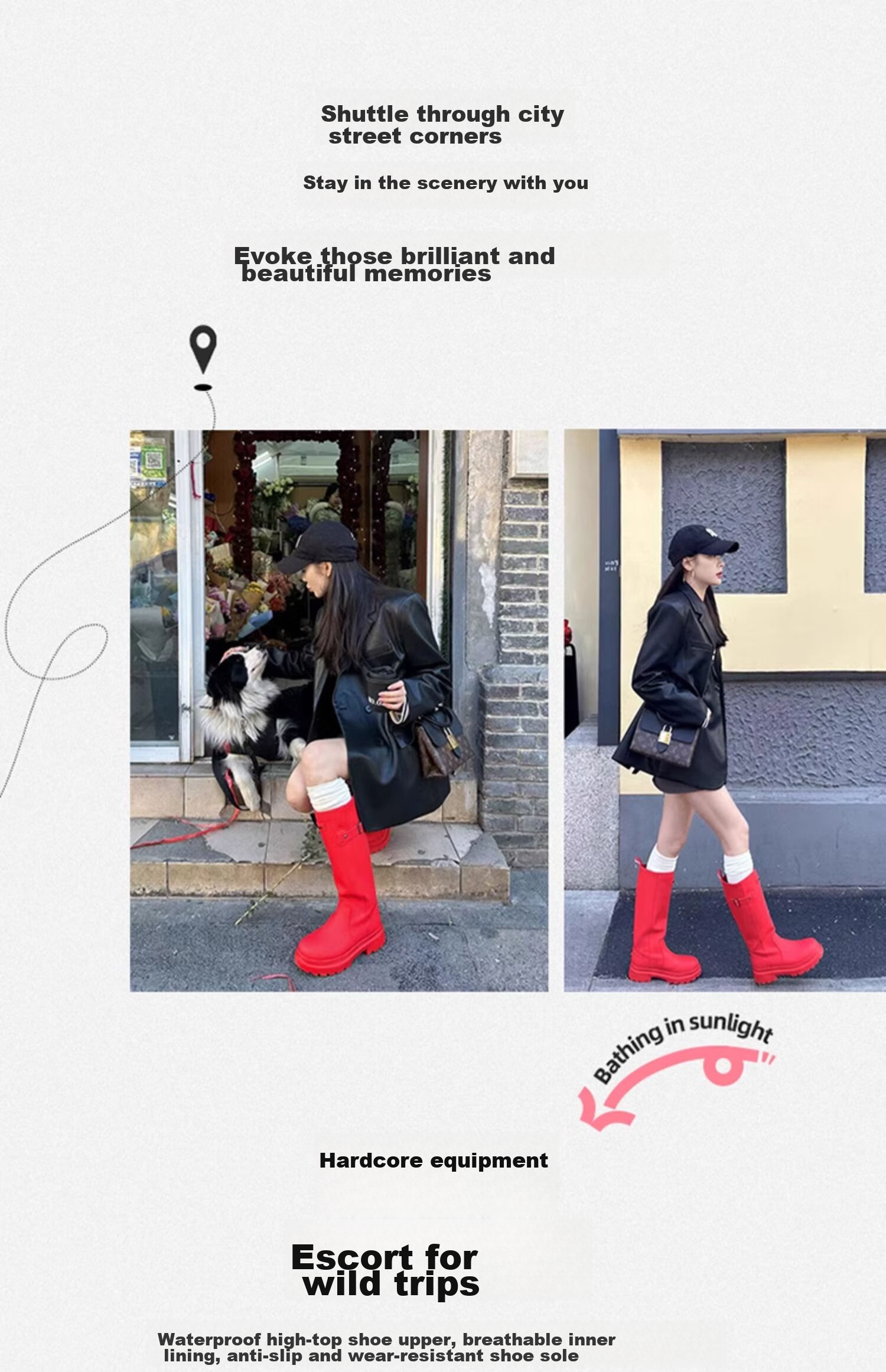 CAMEL Red Combat Boots, Stylish Rain Boots, Outdoor Shoes for Women, Water-Friendly Shoes, Waterproof Non-Slip Tall Boots 3008A 2