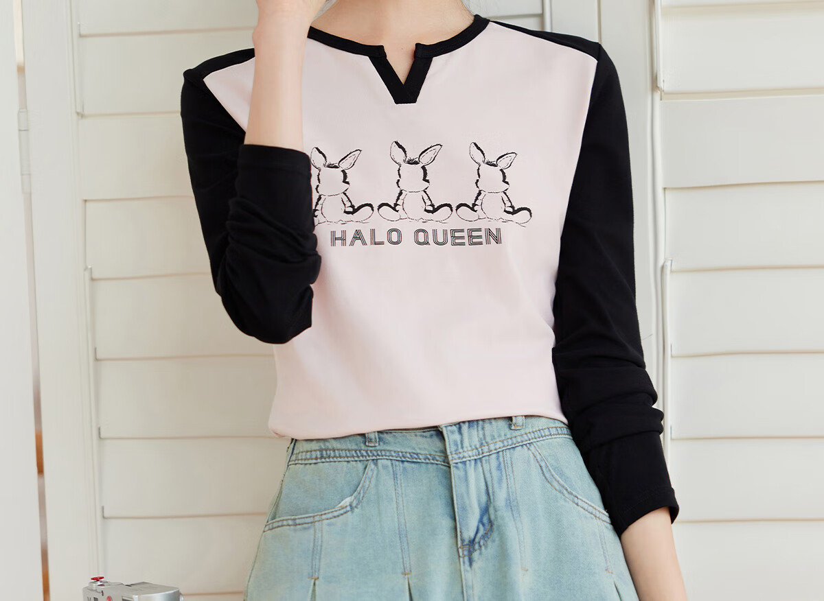 Halo Queen Long-Sleeve T-Shirt for Women, Wilderness Maillard Style Spring And Autumn Raglan Sleeve Rabbit Base Shirt Casual New Product H143T2017 46