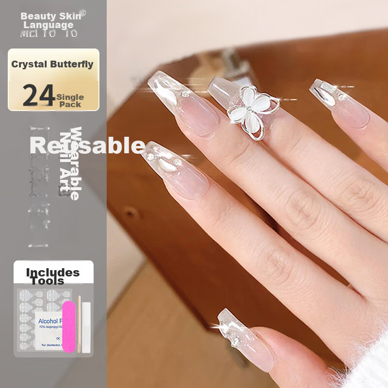 Meifuyu Nail Stickers (Crystal Butterfly), Long Fake Nails, Jelly Gel Removable, with Tools, MF8247