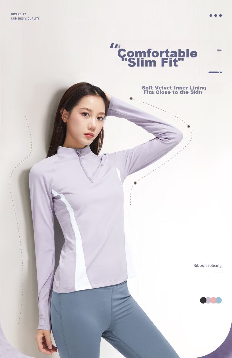 CAMEL Thin Fleece Sports Top for Women, Stand-Up Collar Long Sleeve Running Fitness T-Shirt C1W14L0623 Peach Pink S 15