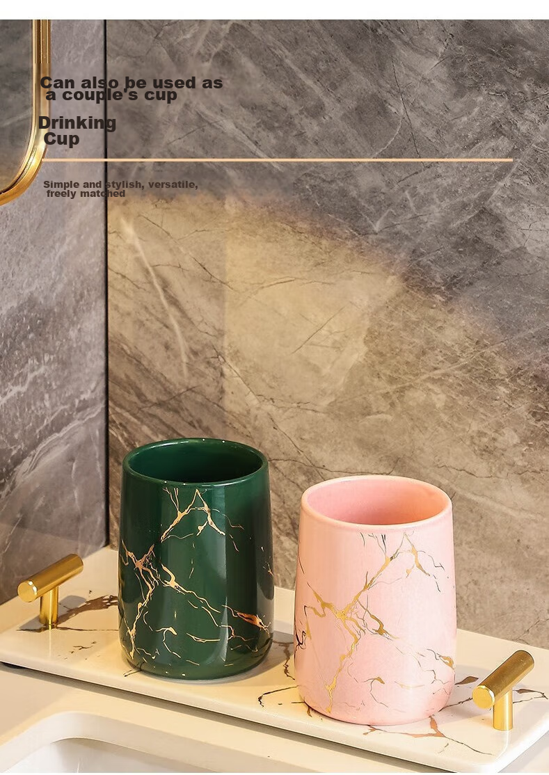 Fanyejia 3-Piece Marble Gold Pattern Bathroom Cup Set for Guesthouse And Home Use, Ceramic Mouthwash Cups for Couples, High-End Set 5