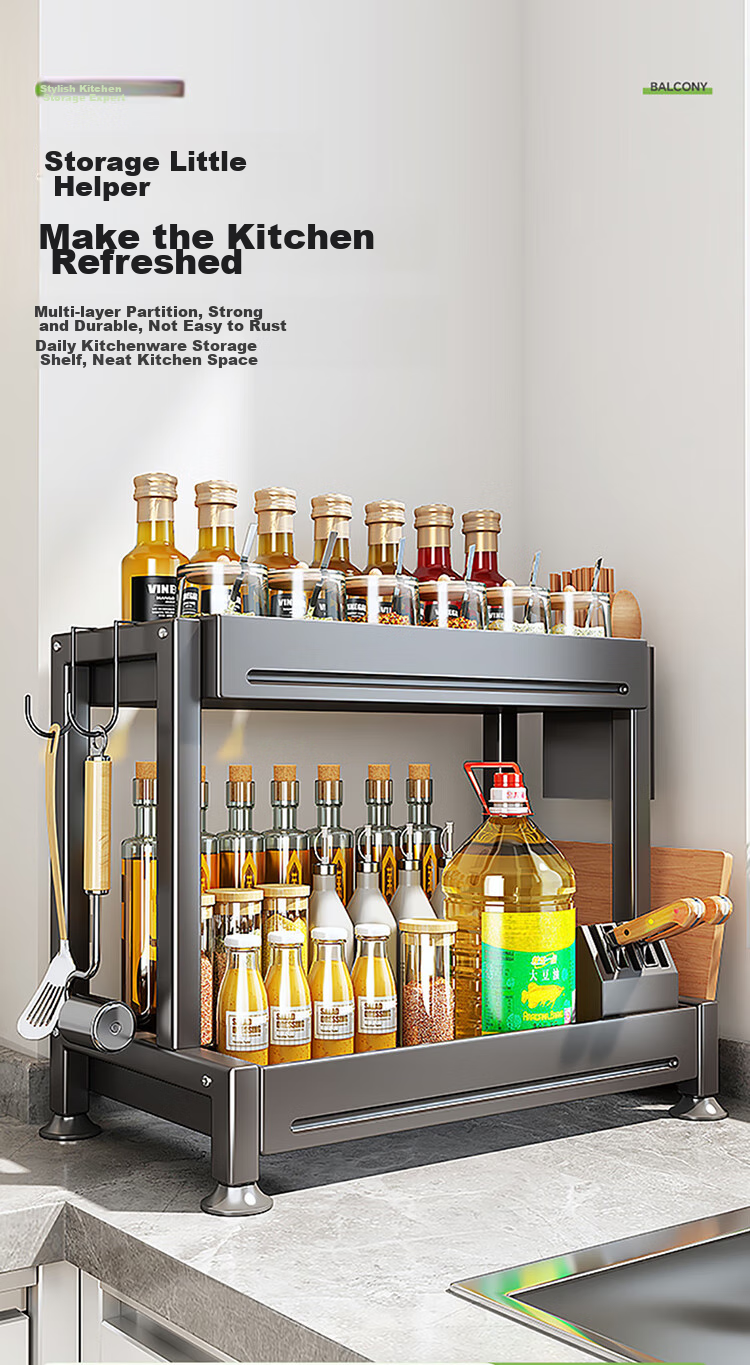 Shuaishi Kitchen Storage Rack Spice Rack, Knife Holder Kitchen Organizer, Countertop Spice Box Storage Rack, Double-Layer 44cm 1
