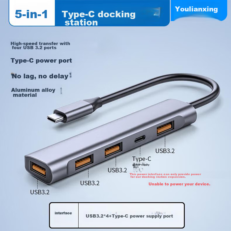 Youlianxing Type-C3.2 to USB Hub, 10Gbps Expansion Dock, USB-C3.2Gen2 Expansion Dock with 4 Ports, Suitable for Laptop Adapter 1