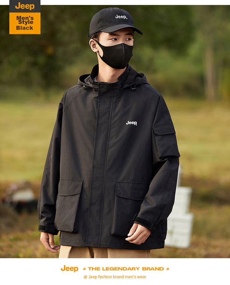 JEEP Men's Jacket, Spring And Autumn Workwear, Loose Casual Windbreaker for Couples, Black, Size M 16