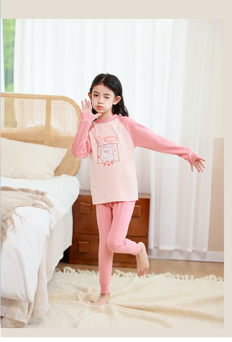 DEESHA 5A Antibacterial 100% Cotton Girls' Thermal Underwear, Student Mid to Big Kids Autumn Top And Pants, Light Pink Heart Rabbit, Size 120 11