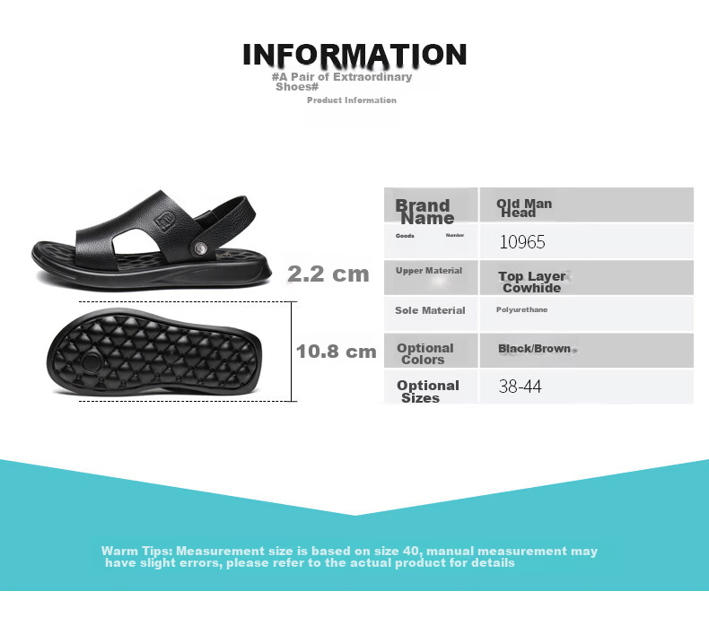 LAORENTOU Men's Sandals, Summer Top-Grain Leather, Breathable Beach Versatile Casual Shoes, Sandals, Men's Footwear, 10965, Black, Size 43 15