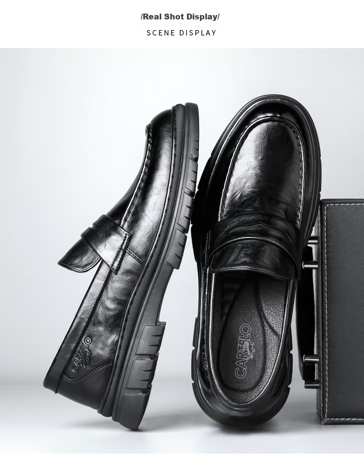 CARTELO Men's Loafers, Leather Shoes, Business Casual Shoes, Breathable Soft Leather Slip-On Shoes, Model 9925, Black, Size 39 10