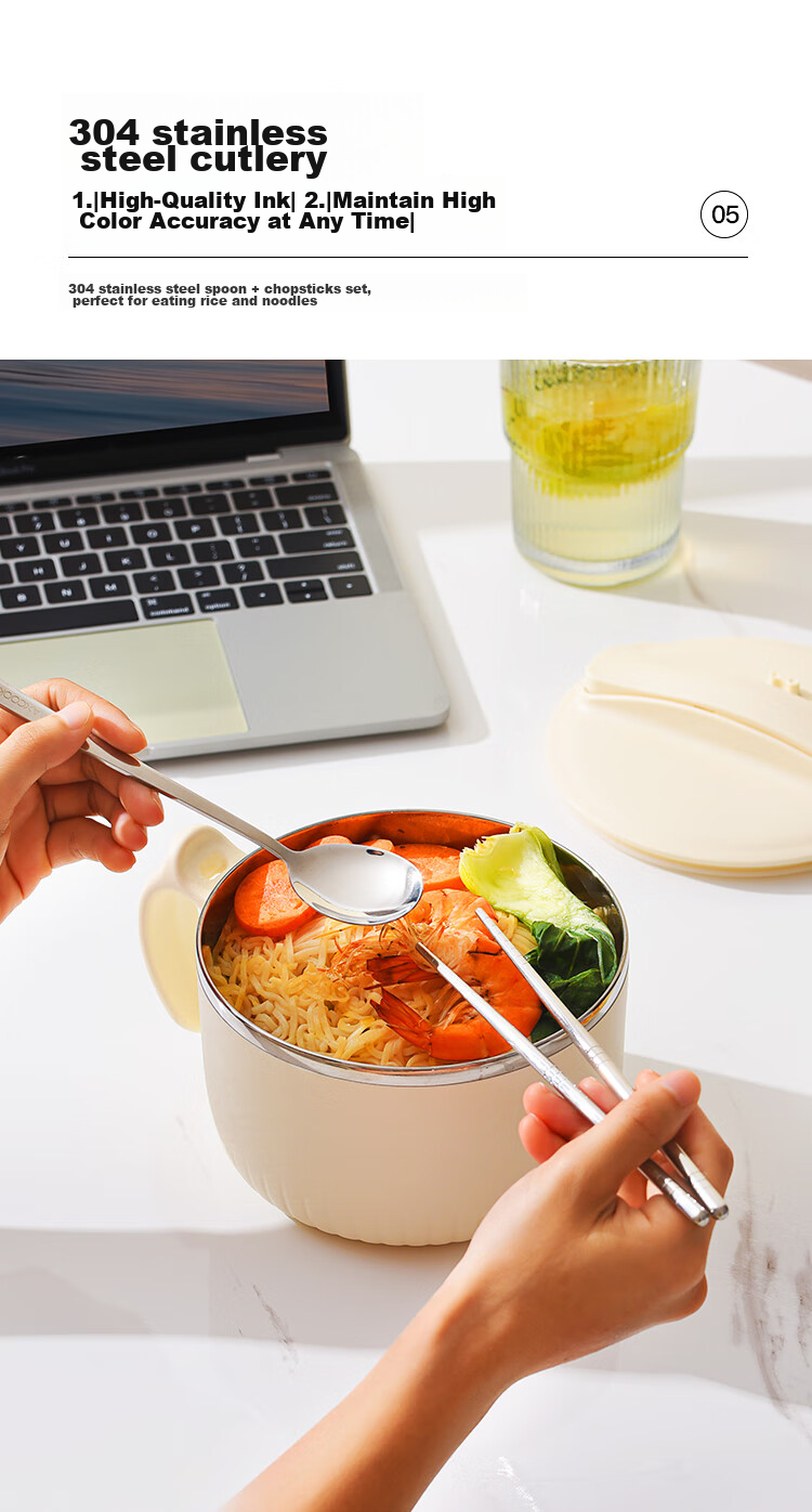 MAXCOOK 316L Stainless Steel Ramen Bowl, Student Lunch Box, Meal Cup, Noodle Cup 1200ML, Comes with Chopsticks And Spoon, Green MCWA9690 8