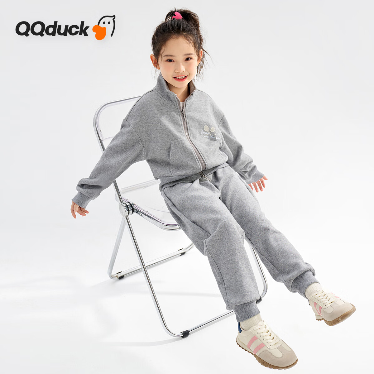 Комплект детской одежды QQ DUCK, для девочек, спортивный костюм с кардиганом и брюками, размер 160, серый