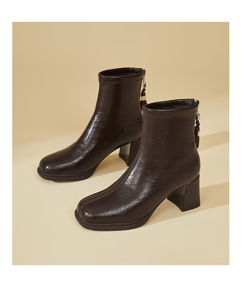 DAPHNE Vintage High Heel Fleece-Lined Ankle Boots for Women Petite French Square Toe Fashion Chunky Heel Slim Leather Boots Brown 37 8