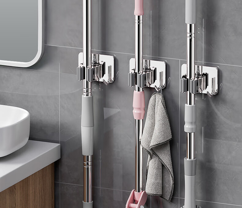 Siwangongli Mop Hook, No Drilling Required, Bathroom Storage Hook, Adhesive Hook, Heavy-Duty Wall-Mounted Bracket, Strong And Traceless Clip for Bathroom 2