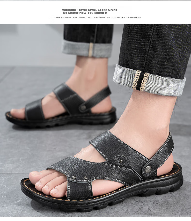 MEXICAN Top-Grain Leather Sandals for Men, Beach Shoes, Men's Slippers, Hollow-Out Casual Men's Shoes, Black, Size 44 11