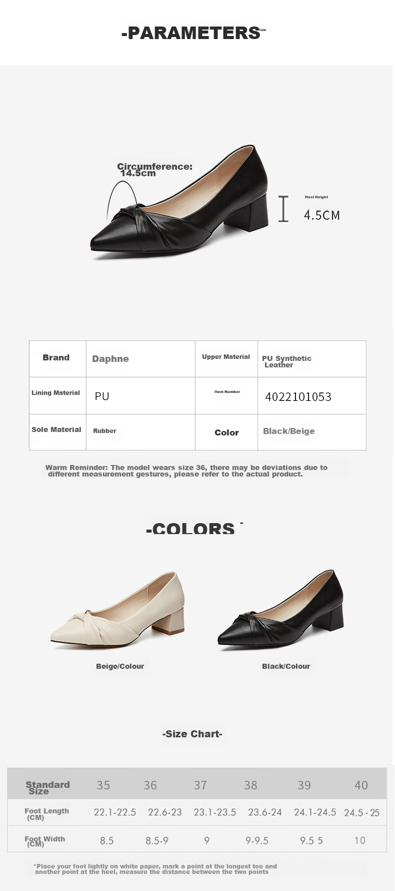 DAPHNE Women's Single Shoes, New Summer Professional Formal Work Leather Shoes, Chunky Heel Pointed Toe High Heels Women's Shoes, Black, Size 35 2